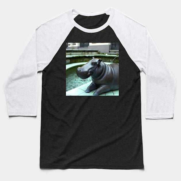 Hippo Sculpture Statue Digital Artwork Fountain Scene Baseball T-Shirt by DesignIndex